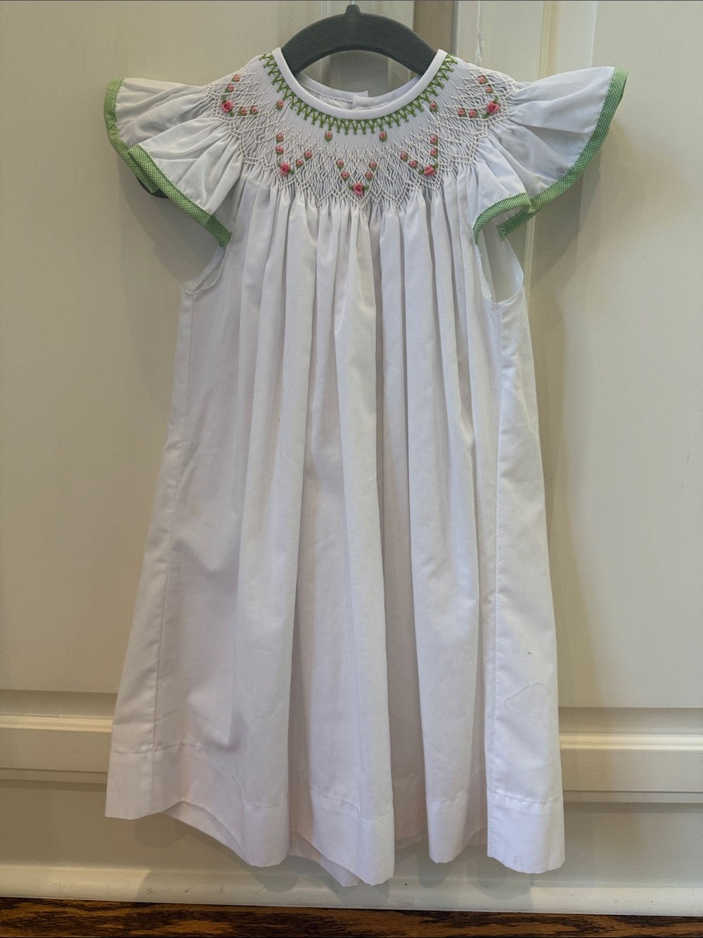 White Smocked Flutter-Sleeve Dress with Pink Rose Embroidery and Green Trim